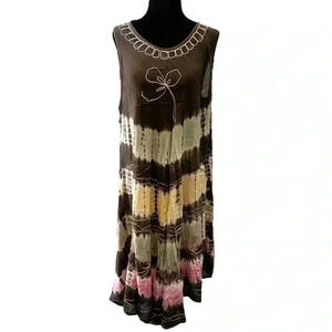 Summer Dress A-Line  Midi Length Tunic Umbrella Sundress Brown Pink Green Medium